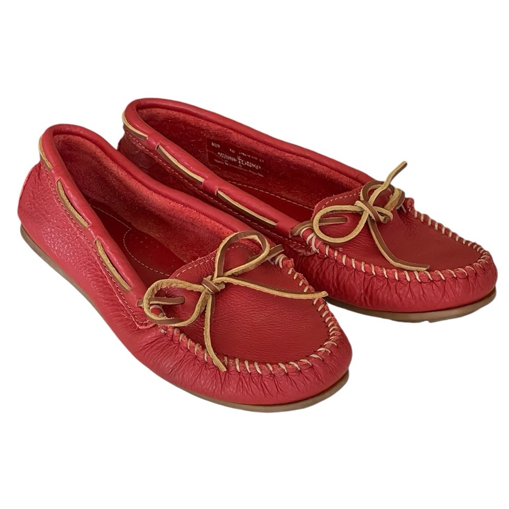 Minnetonka Red Soft Leather Moccasins Loafers Women’s Sz 10 Tan Leather Laces - Picture 10 of 10
